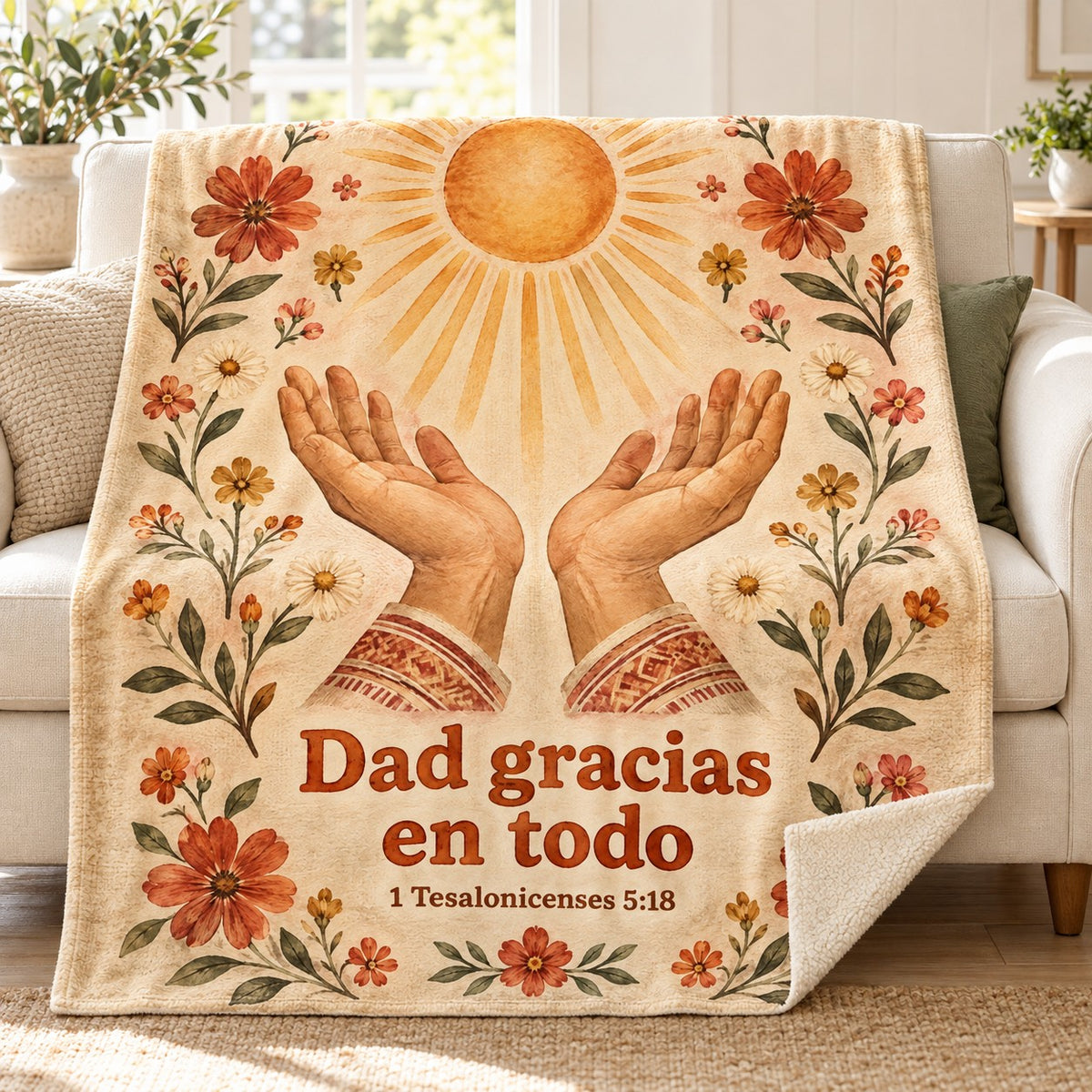 Dad gracias
en todo blanket, on a sofa