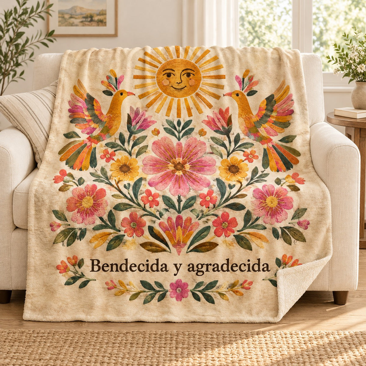 Bendecida y agradecida blanket, on a sofa