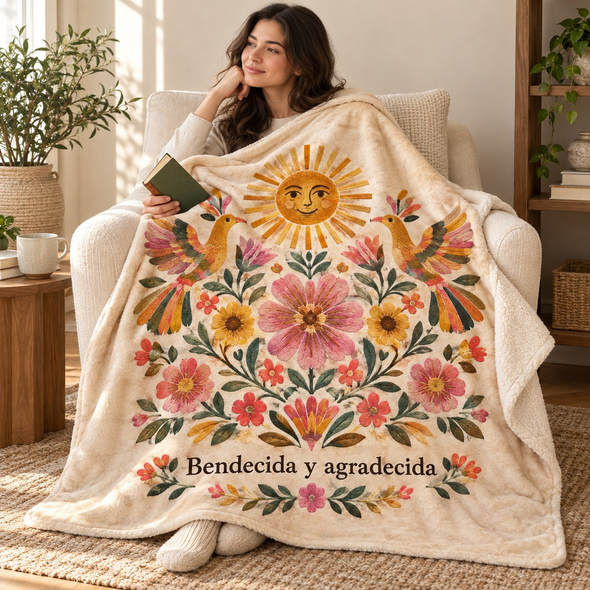 Bendecida y agradecida blanket, wrapped around a reader