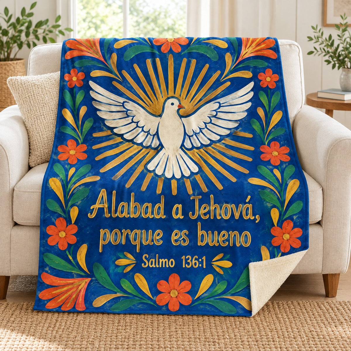 Alabad a Jehová,
porque es bueno blanket, on a sofa
