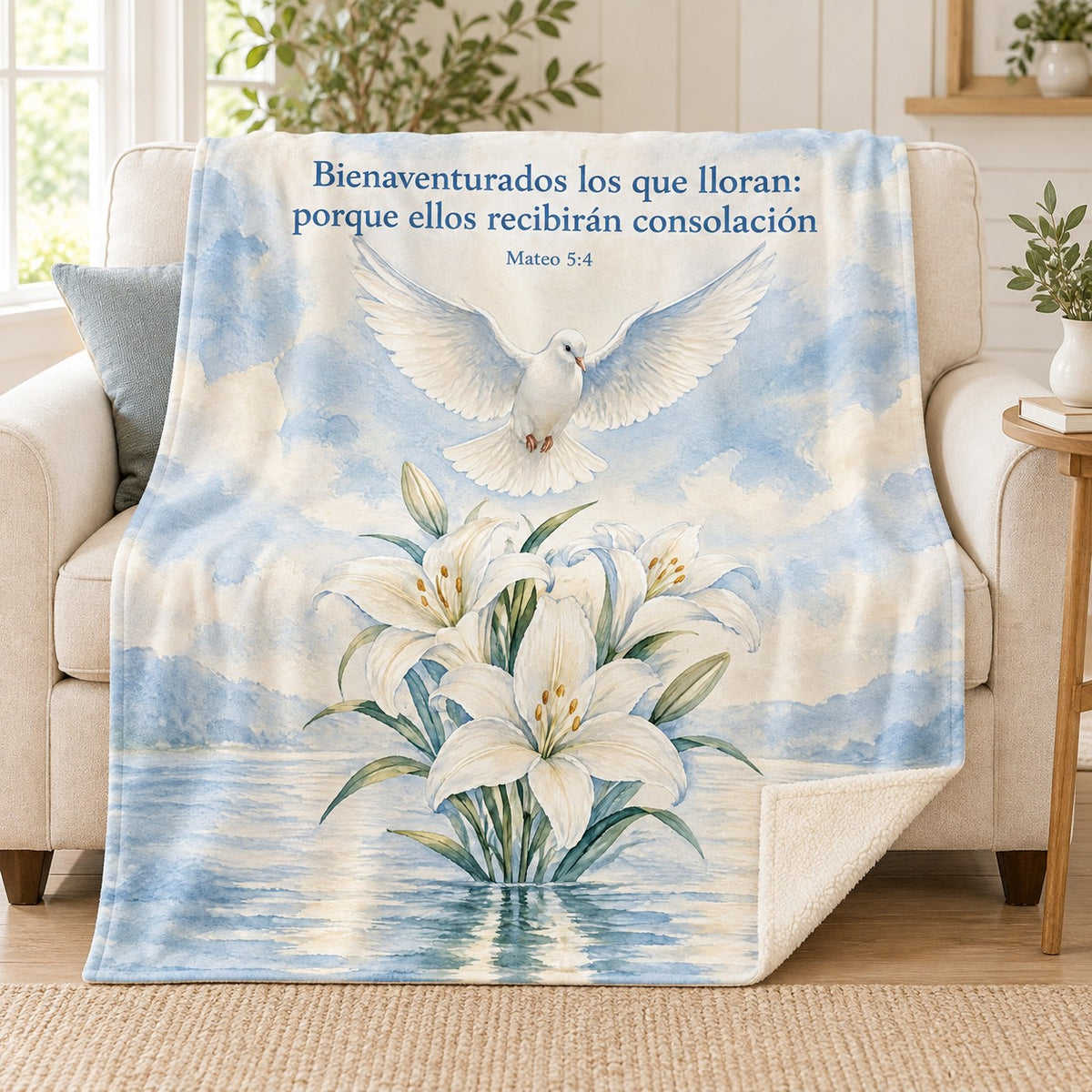 Bienaventurados los que lloran:
porque ellos recibirán consolación blanket, on a sofa