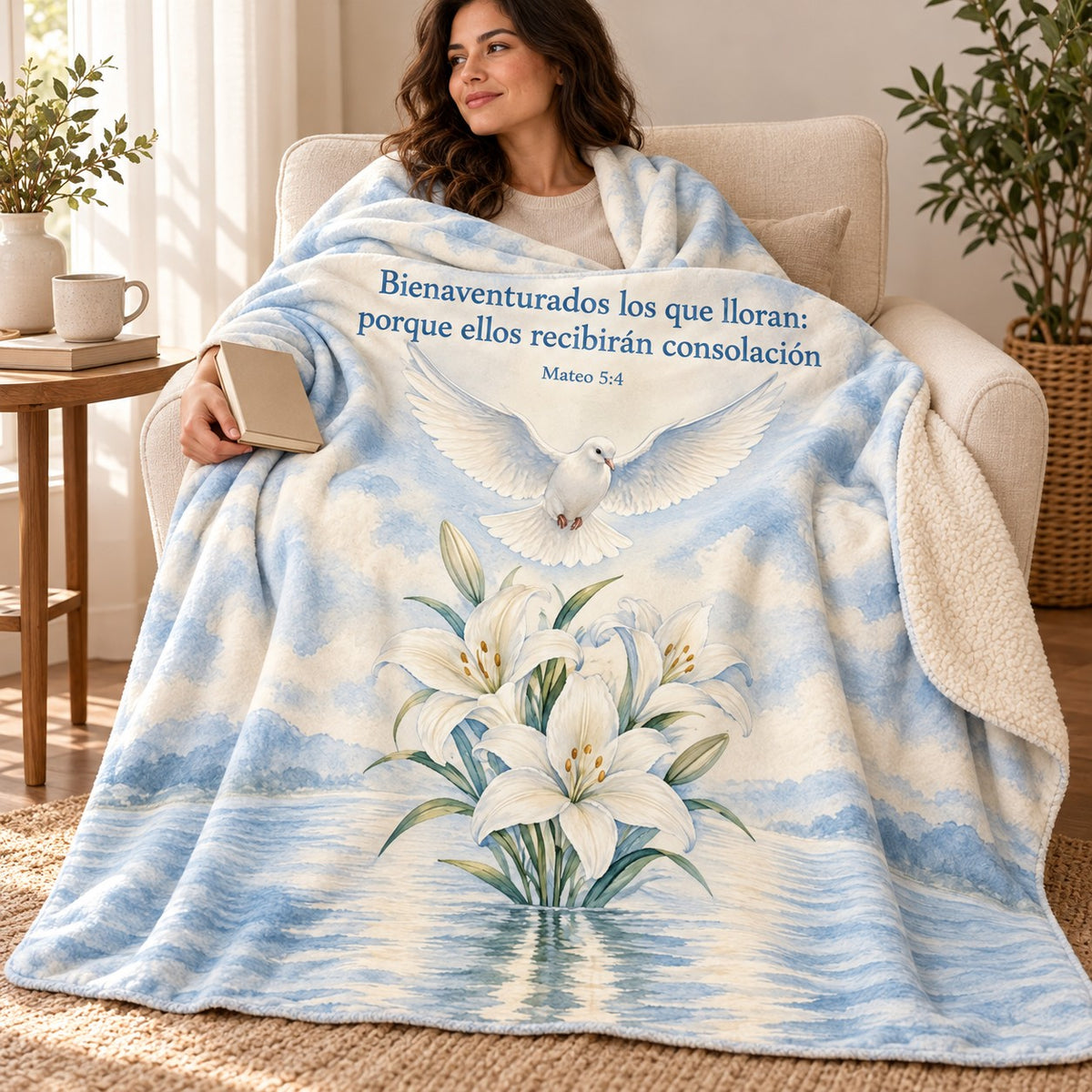 Bienaventurados los que lloran:
porque ellos recibirán consolación blanket, wrapped around a reader