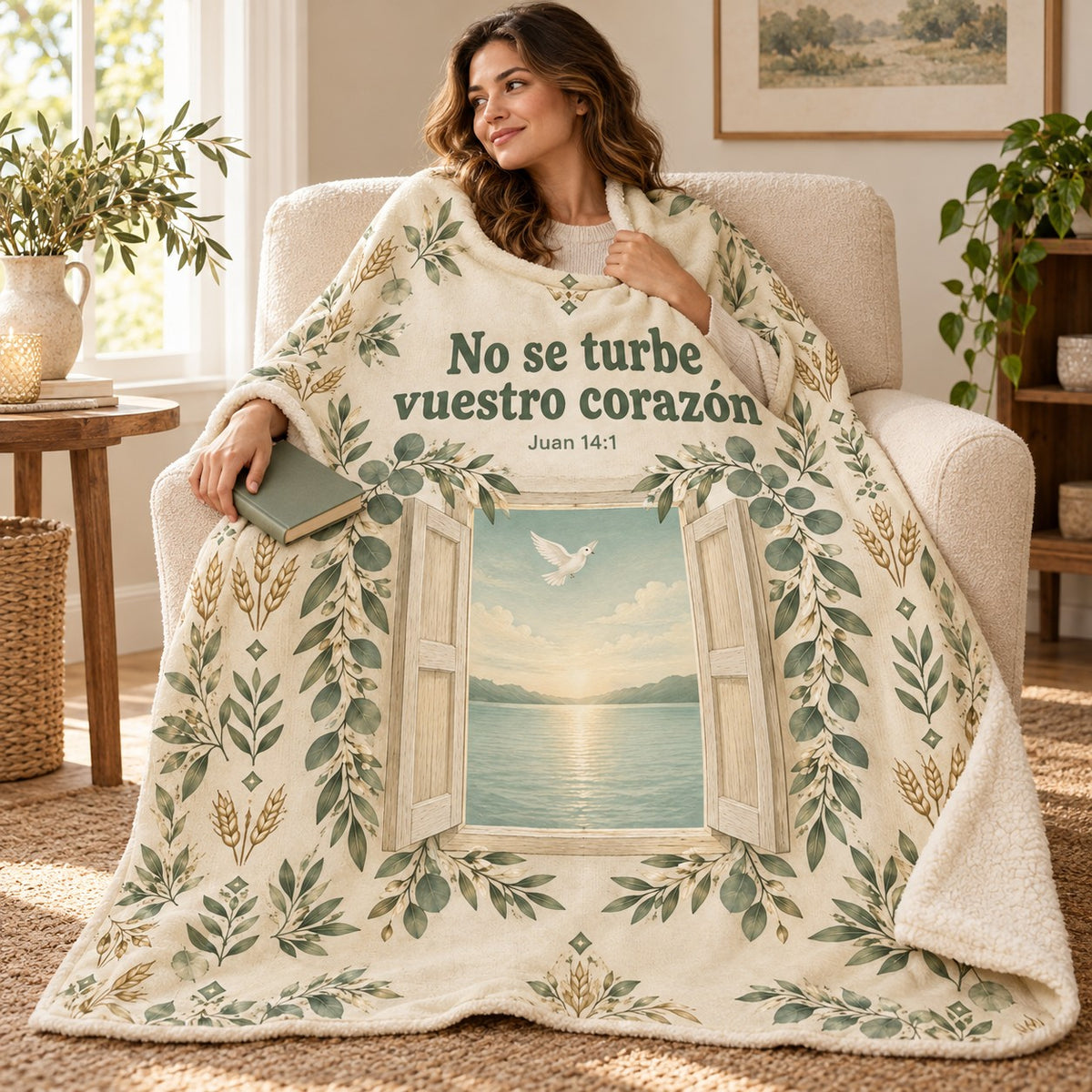 No se turbe
vuestro corazón blanket, wrapped around a reader