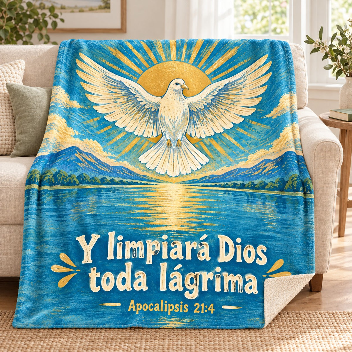 Y limpiará Dios
toda lágrima blanket, on a sofa