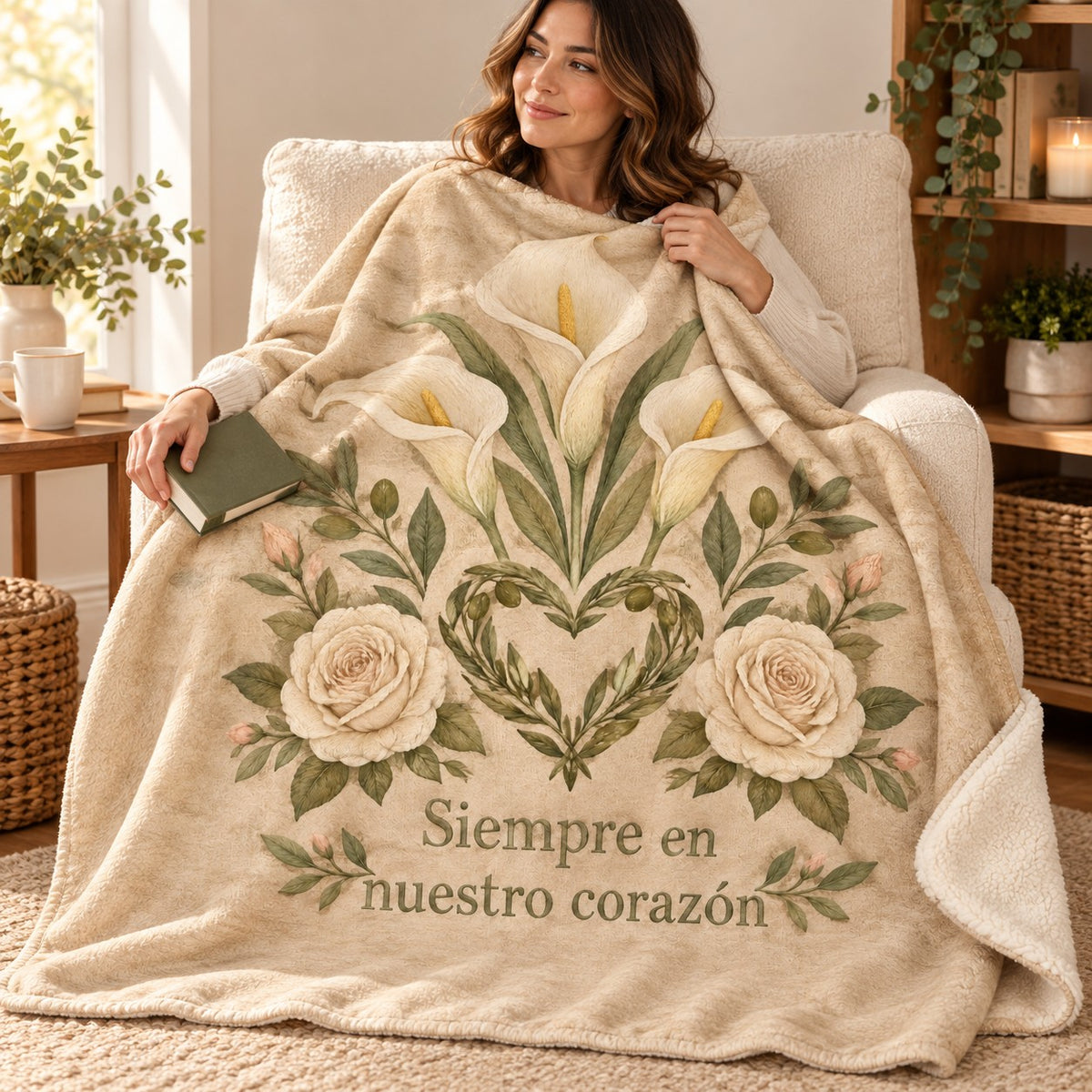 Siempre en
nuestro corazón blanket, wrapped around a reader