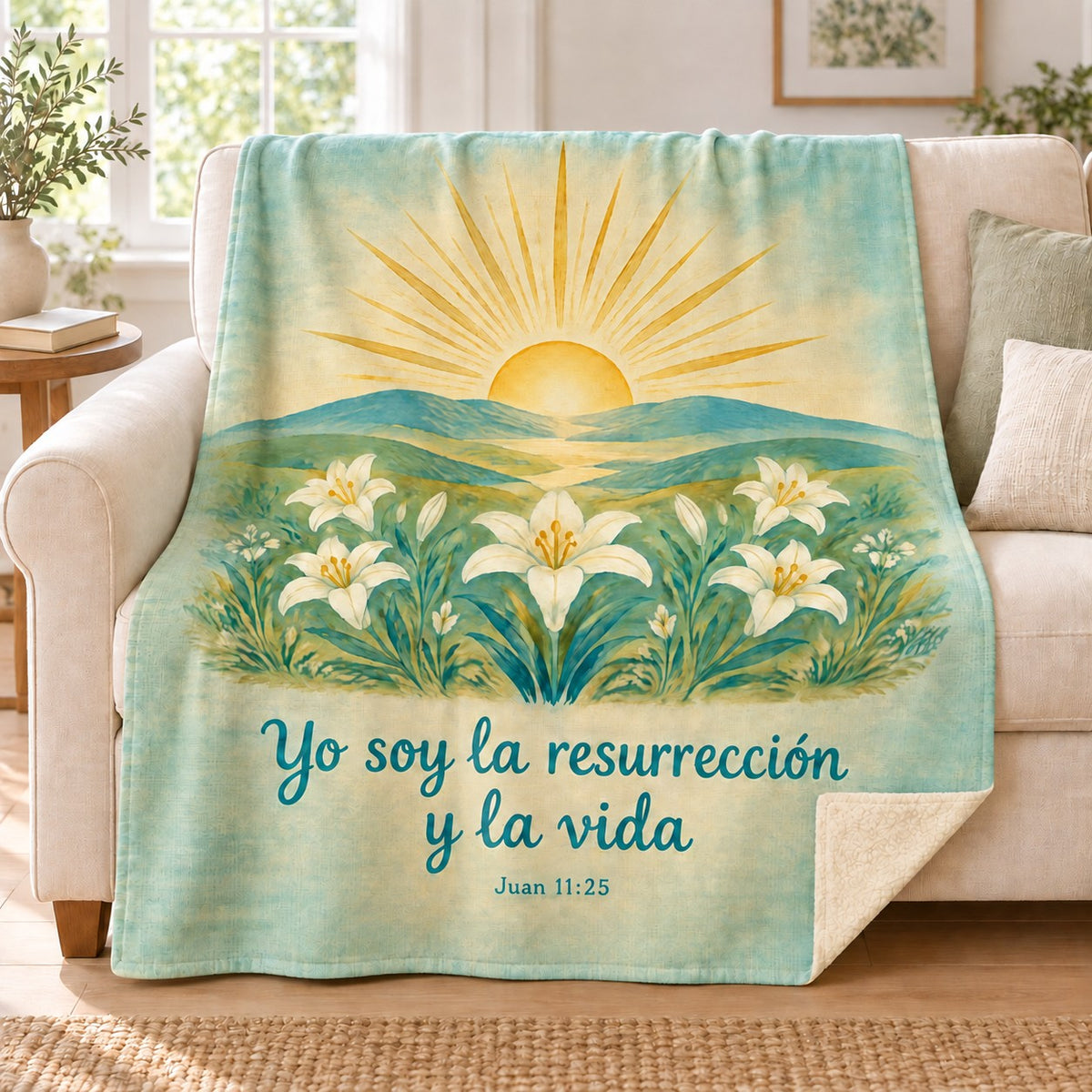 Yo soy la resurrección
y la vida blanket, on a sofa