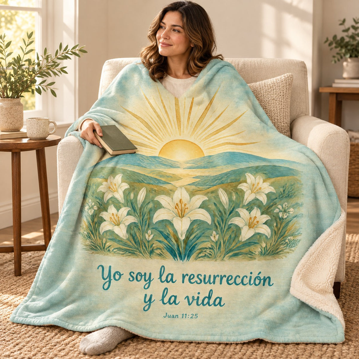 Yo soy la resurrección
y la vida blanket, wrapped around a reader