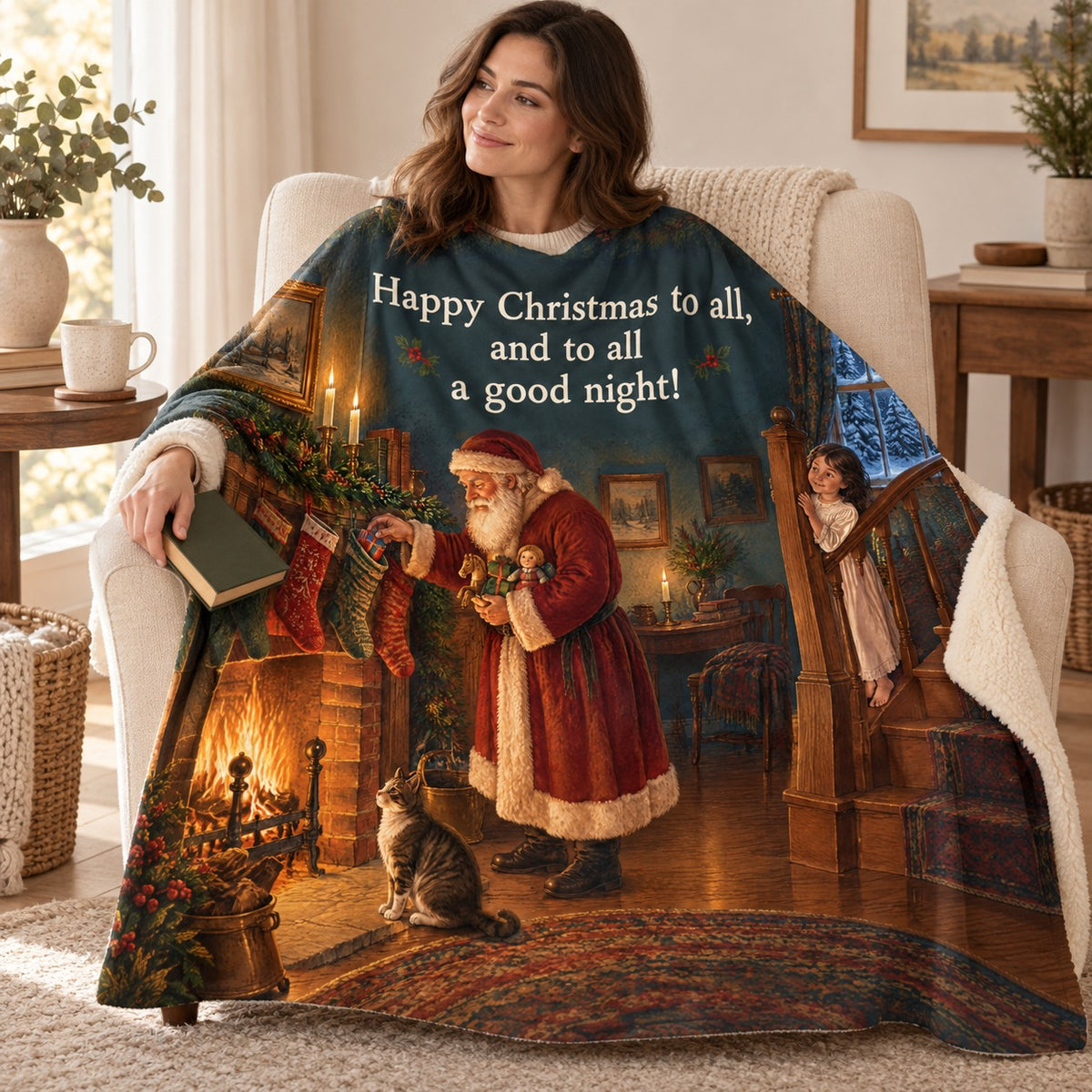 Christmas Hearth blanket, wrapped around a reader
