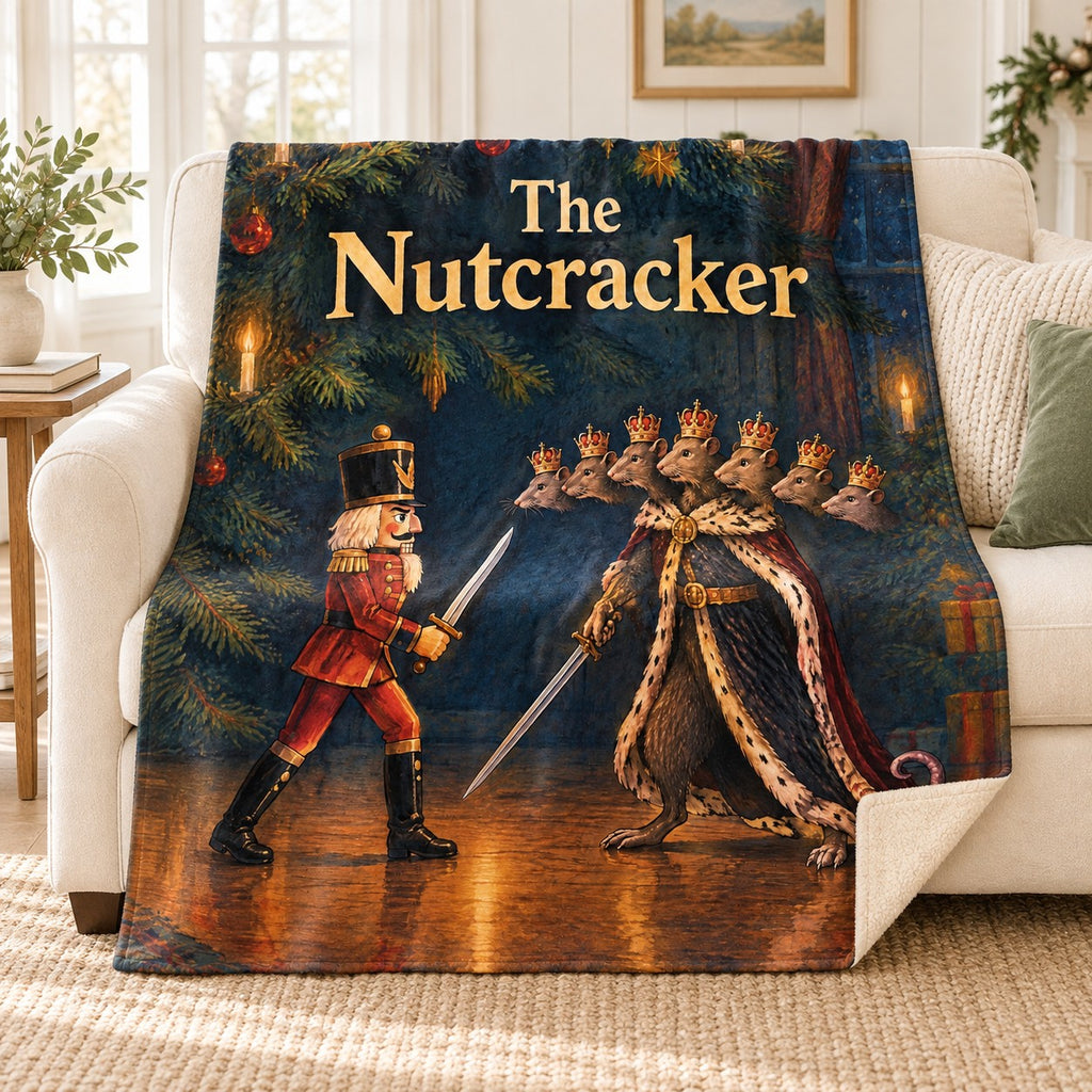 The Nutcracker blanket, on a sofa