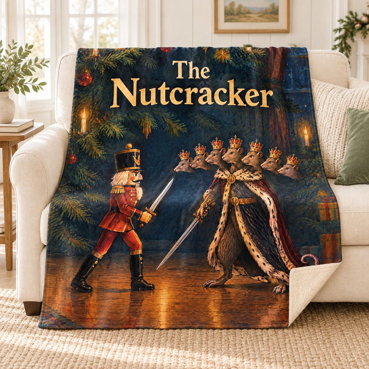 The Nutcracker blanket, on a sofa