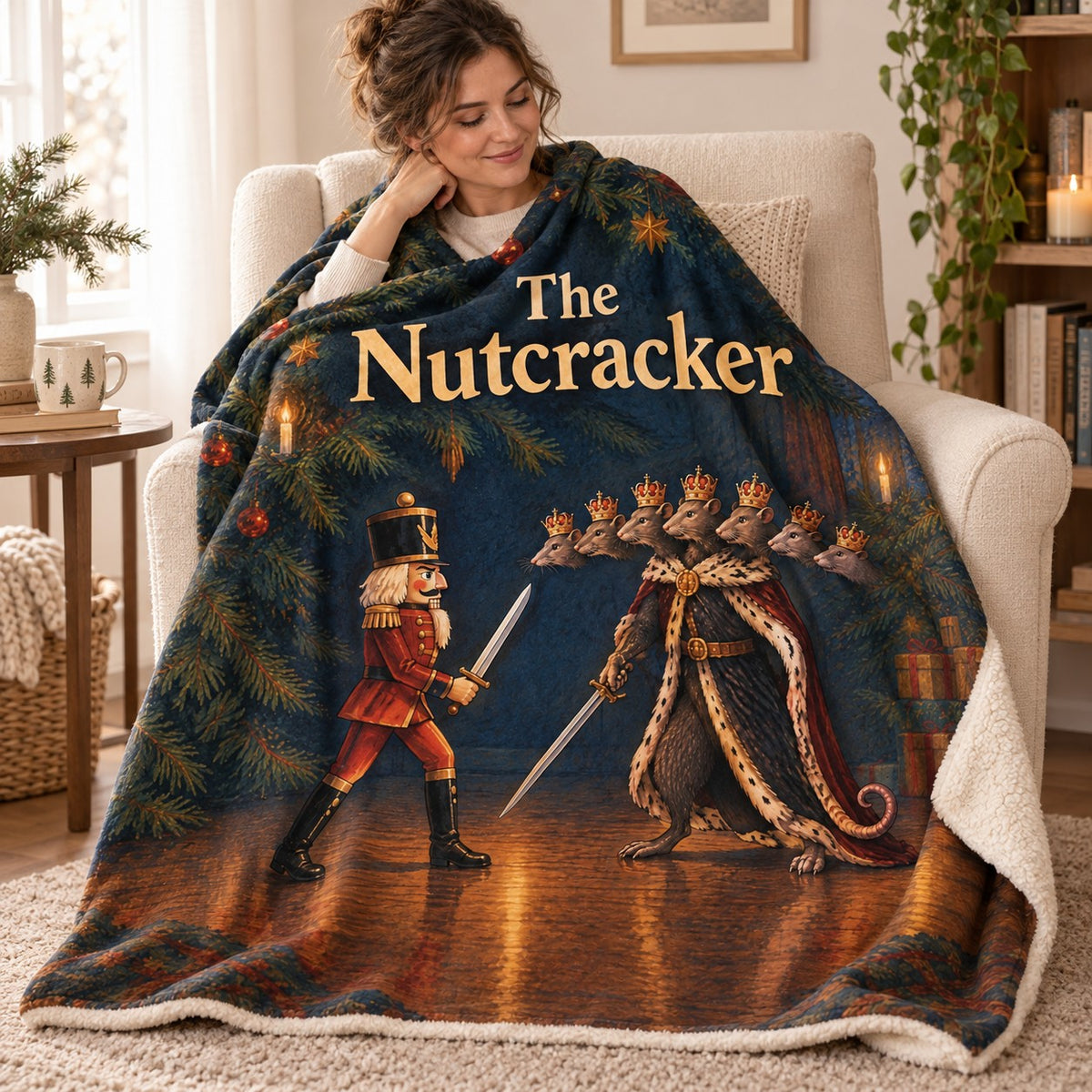 The Nutcracker blanket, wrapped around a reader