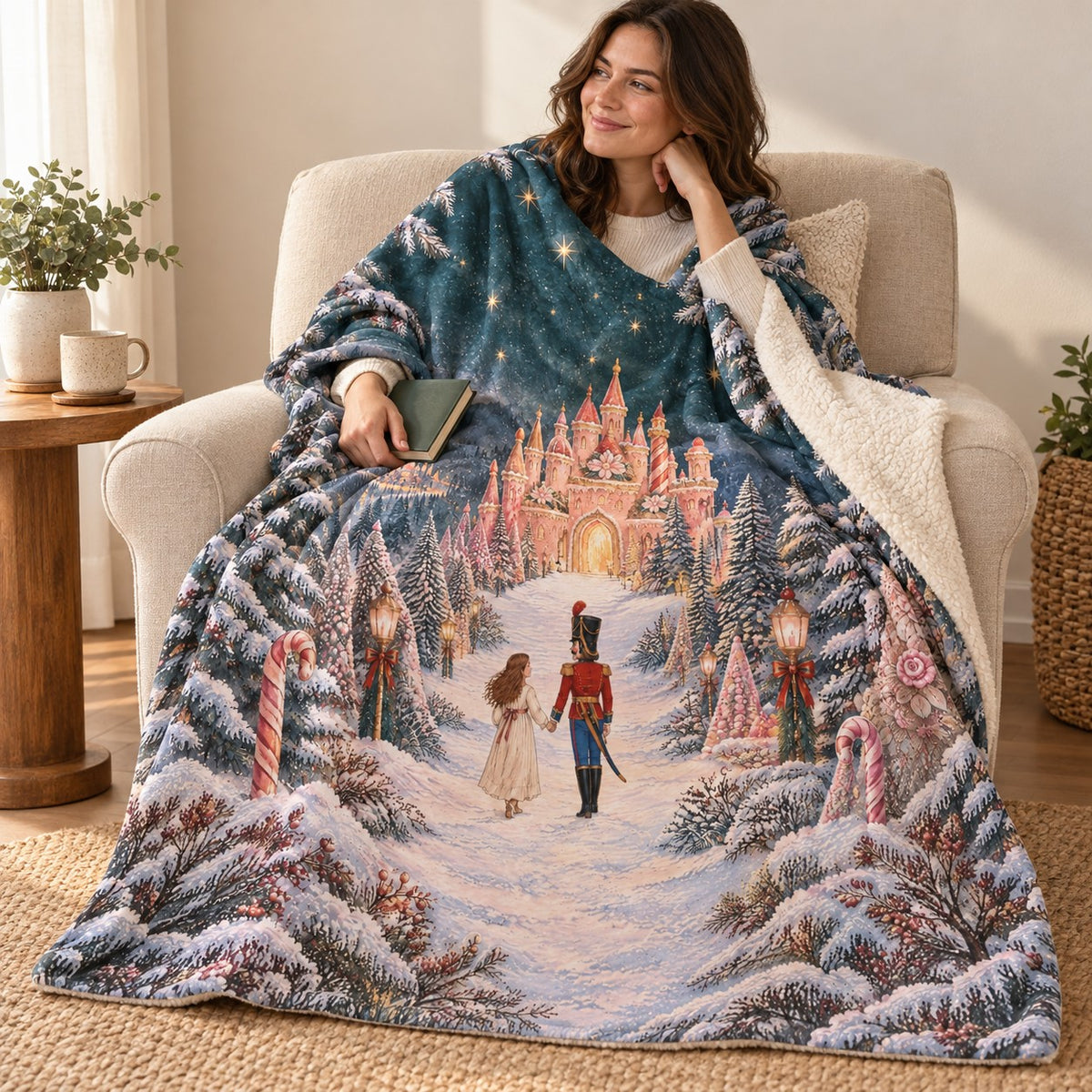 Christmas Wood blanket, wrapped around a reader