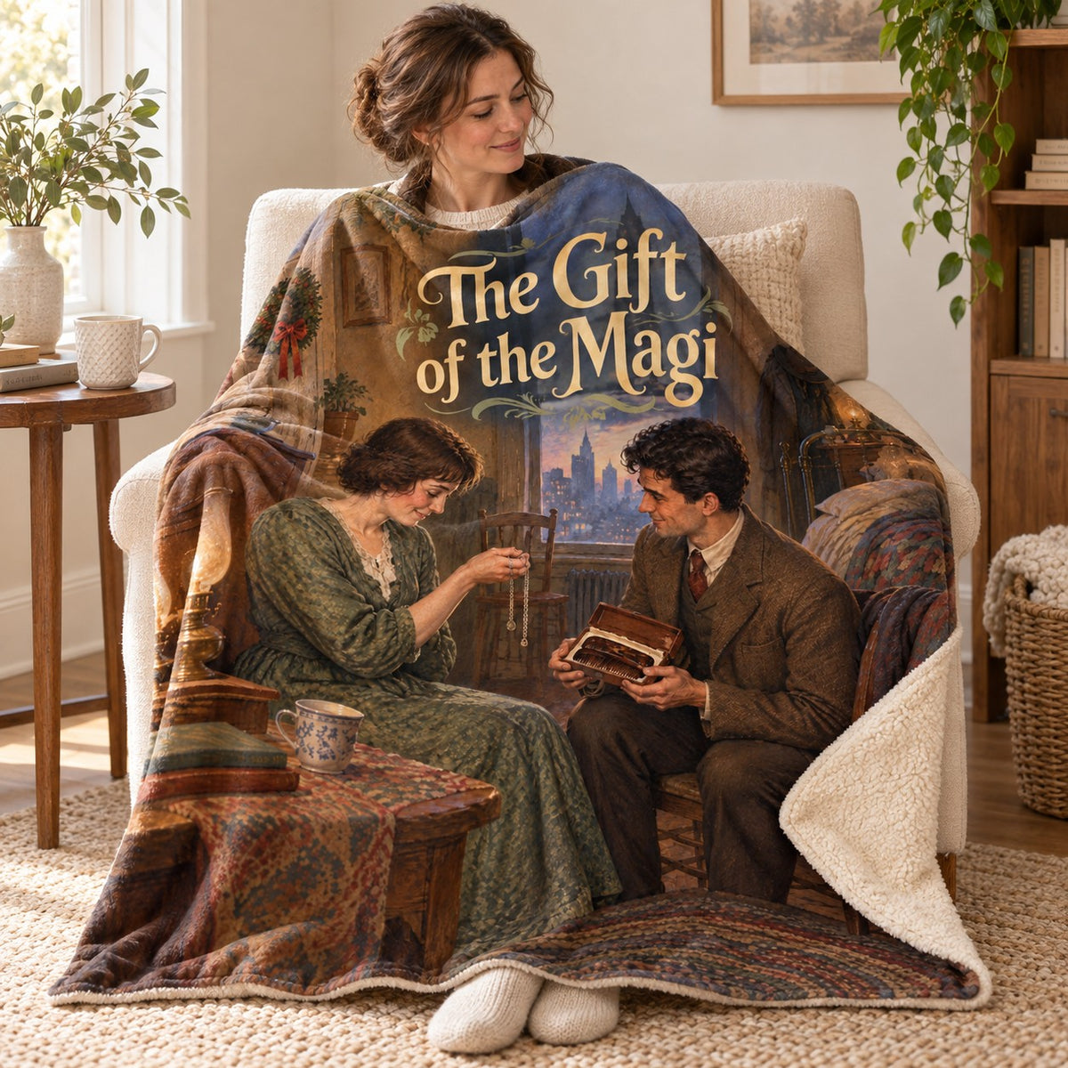 The Gift of the Magi blanket, wrapped around a reader