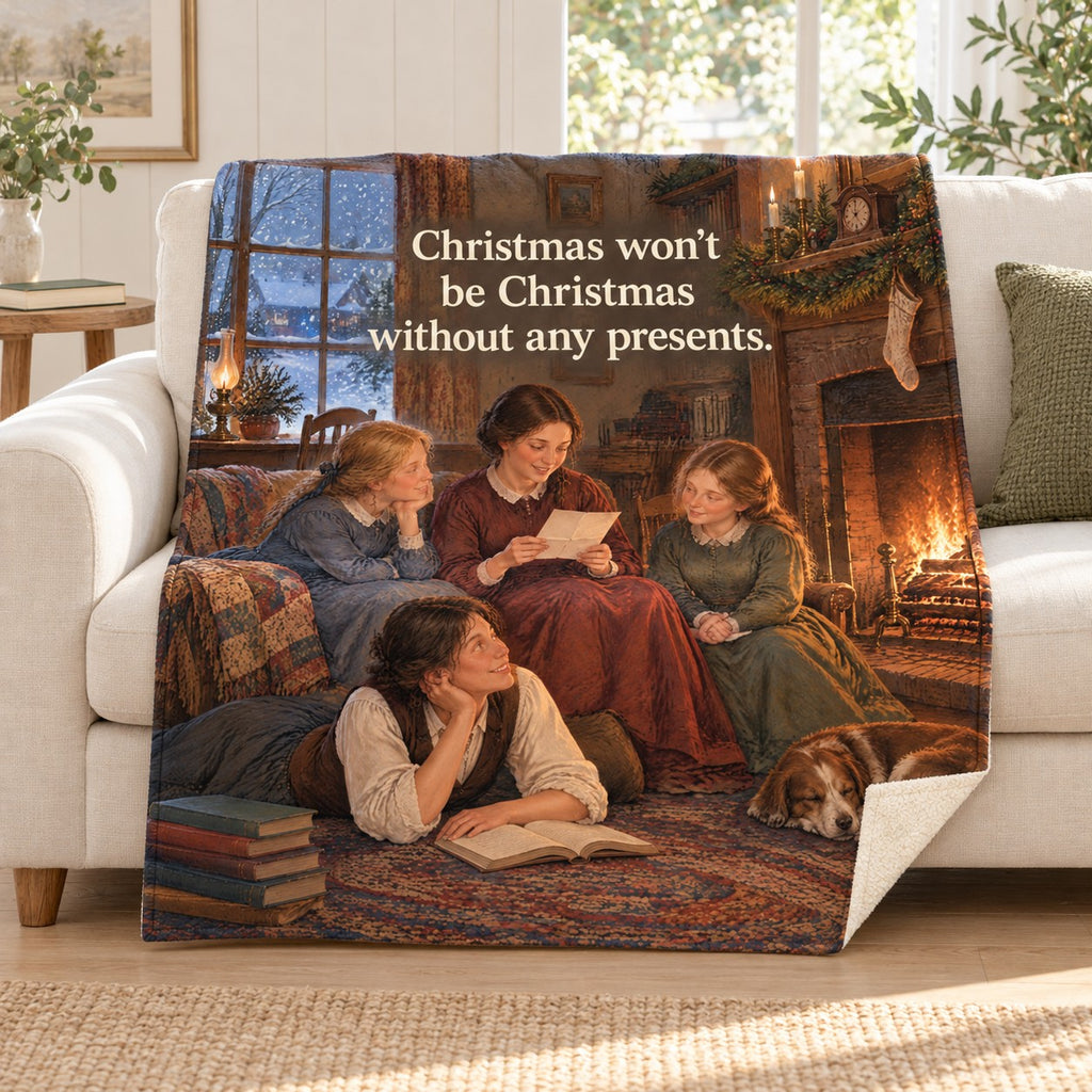 March Sisters Christmas blanket, on a sofa