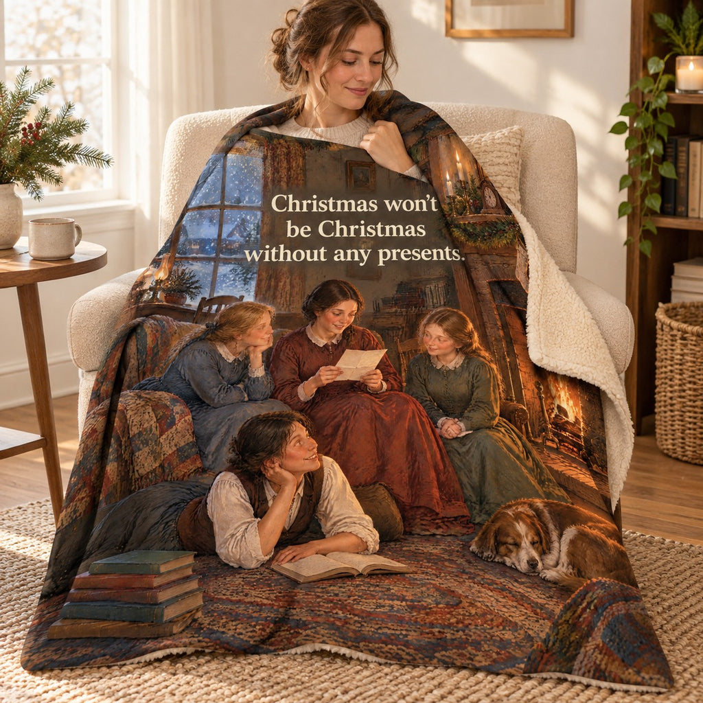 March Sisters Christmas blanket, wrapped around a reader