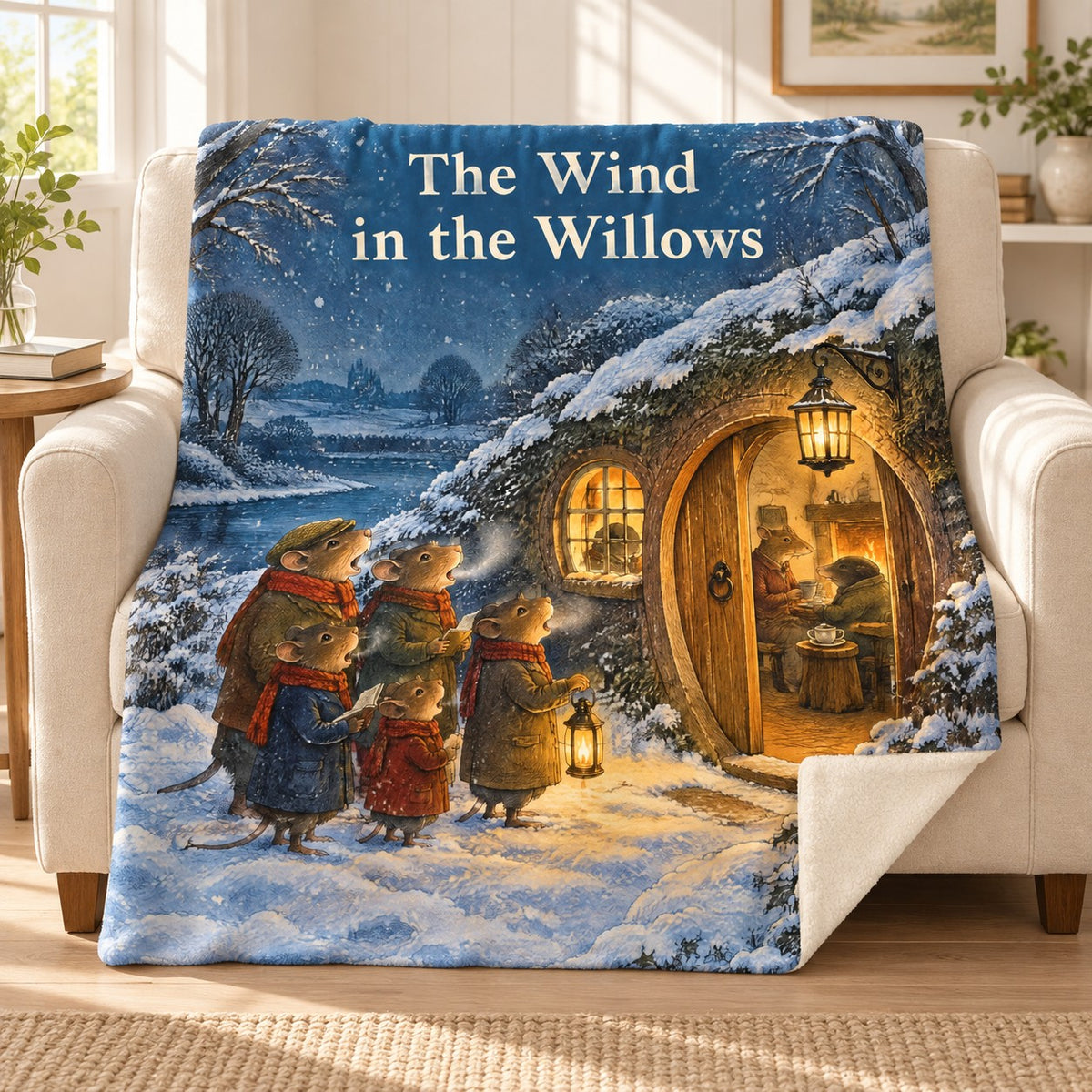 The Wind in the Willows blanket, on a sofa