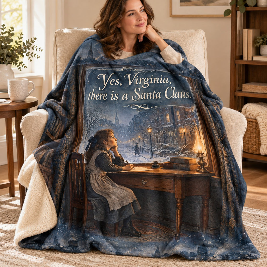 Virginia Writes to Santa blanket, wrapped around a reader