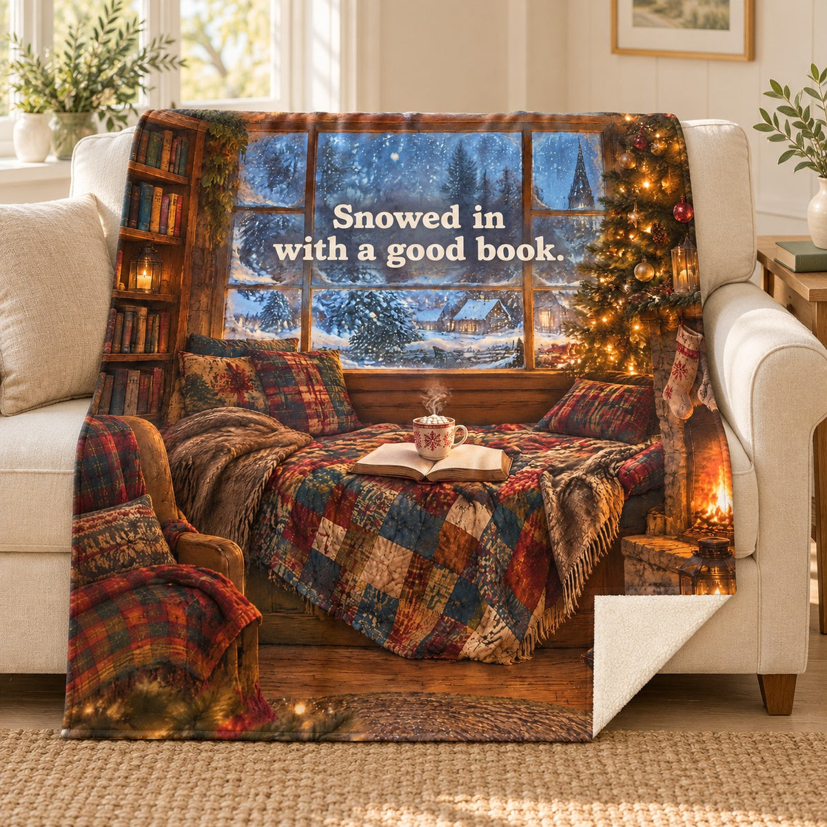Snowed in with a good book. blanket, on a sofa
