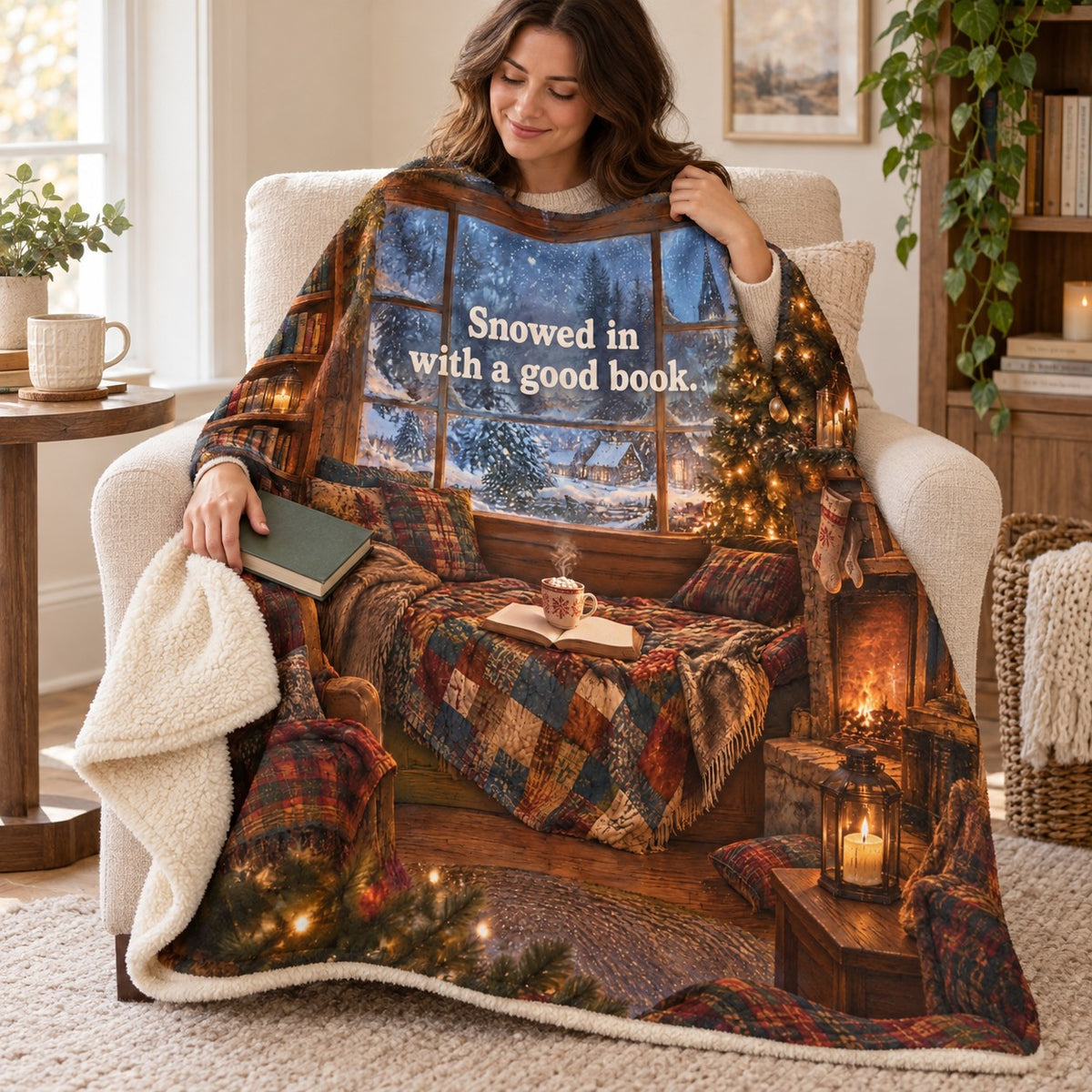 Snowed in with a good book. blanket, wrapped around a reader