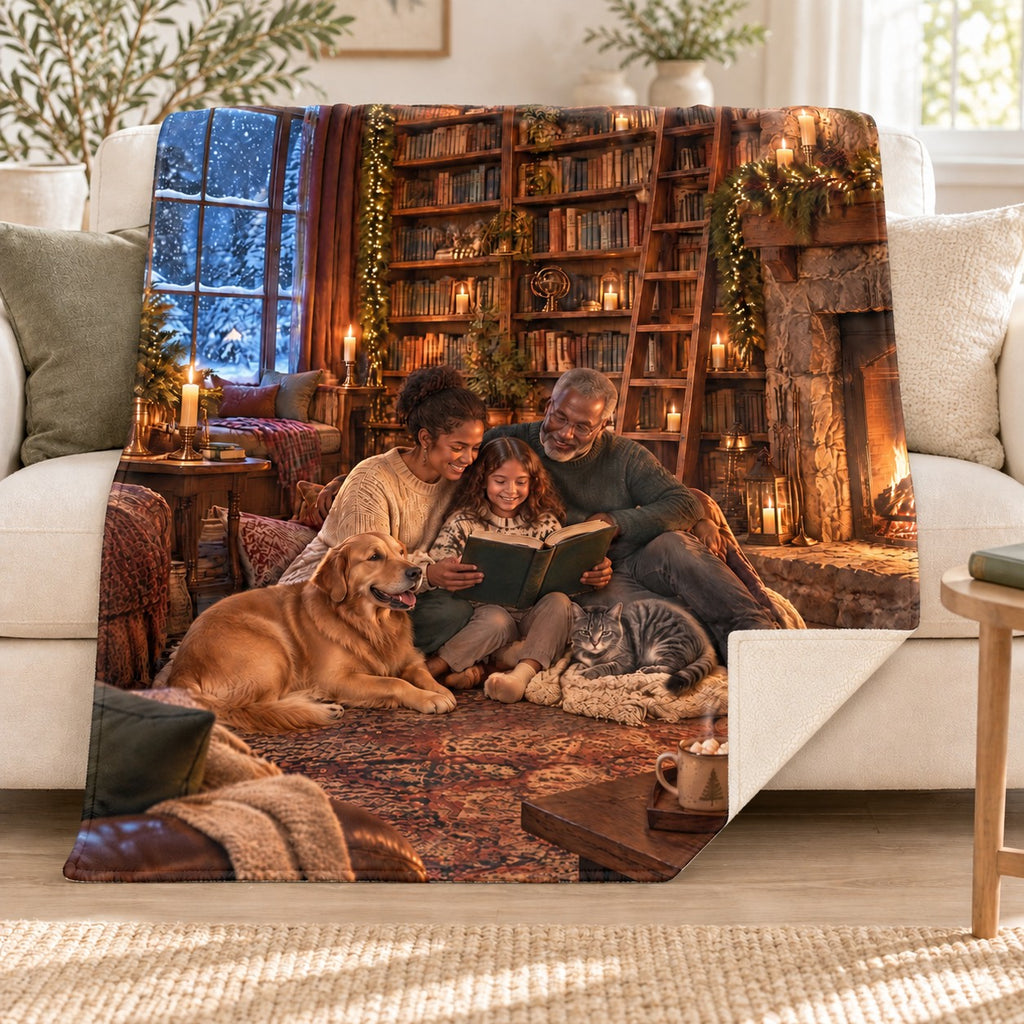 Christmas Library blanket, on a sofa