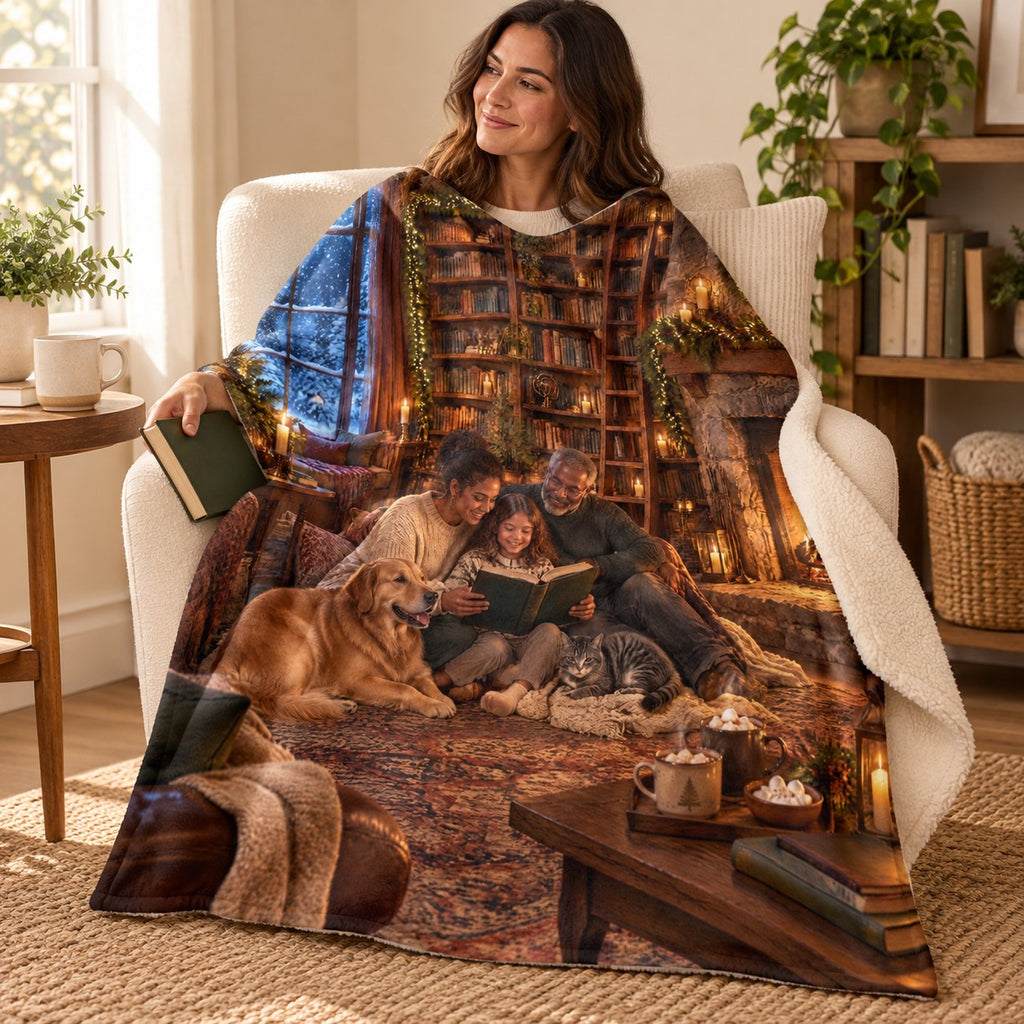 Christmas Library blanket, wrapped around a reader
