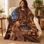 Christmas Library blanket, wrapped around a reader