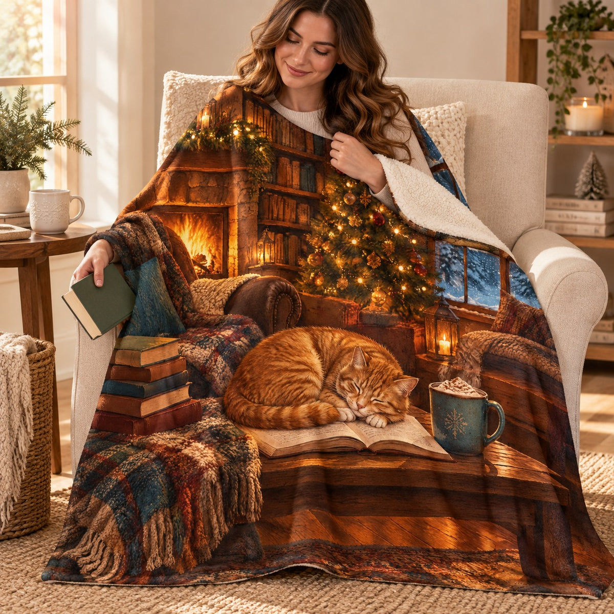 Ginger Cat Christmas blanket, wrapped around a reader