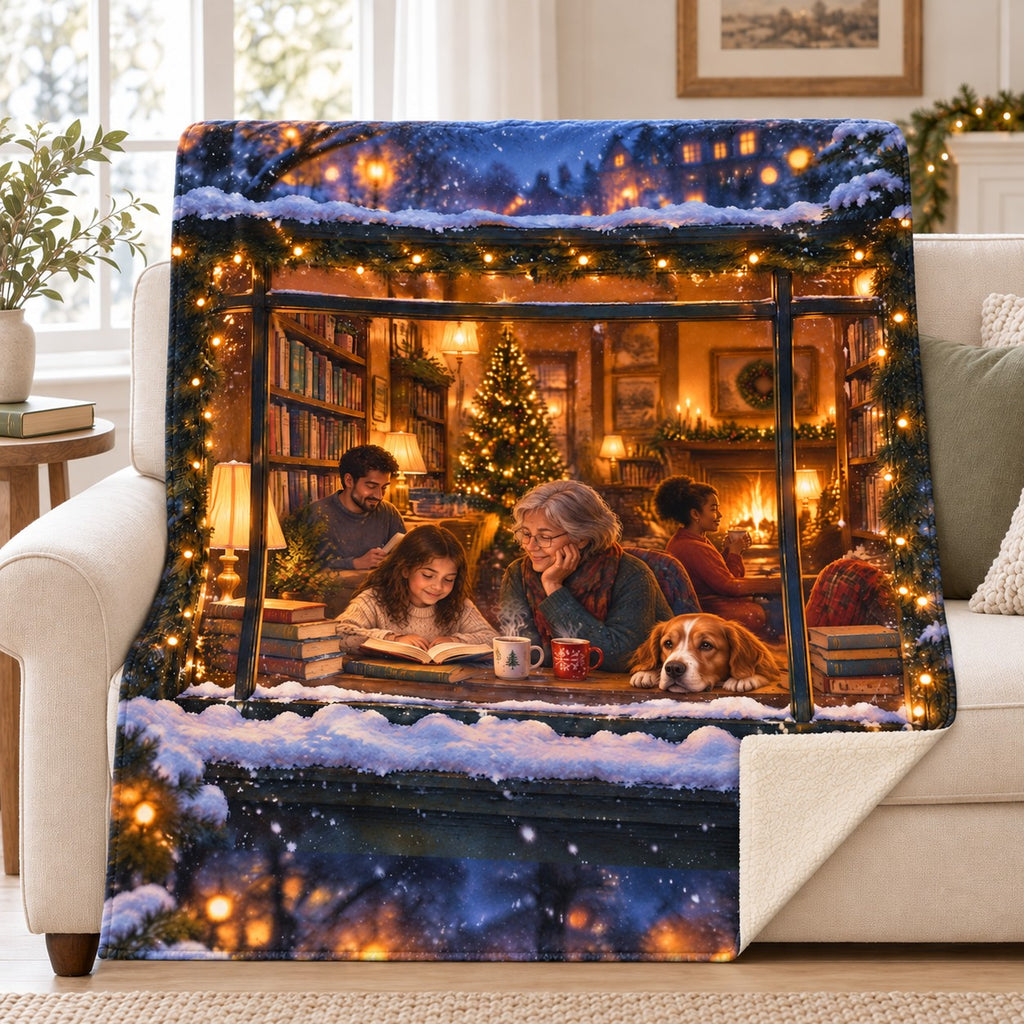 Christmas Eve Bookshop blanket, on a sofa