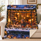 Christmas Eve Bookshop blanket, on a sofa
