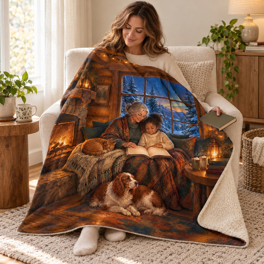 Cabin Reading Nook blanket, wrapped around a reader
