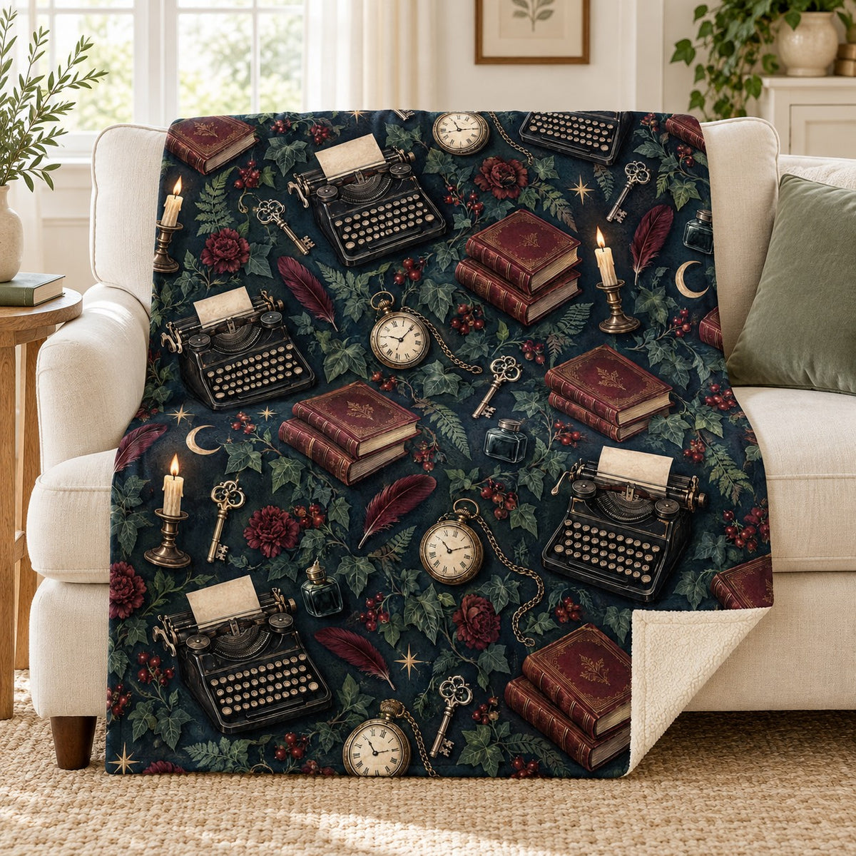 Midnight Clues blanket, on a sofa