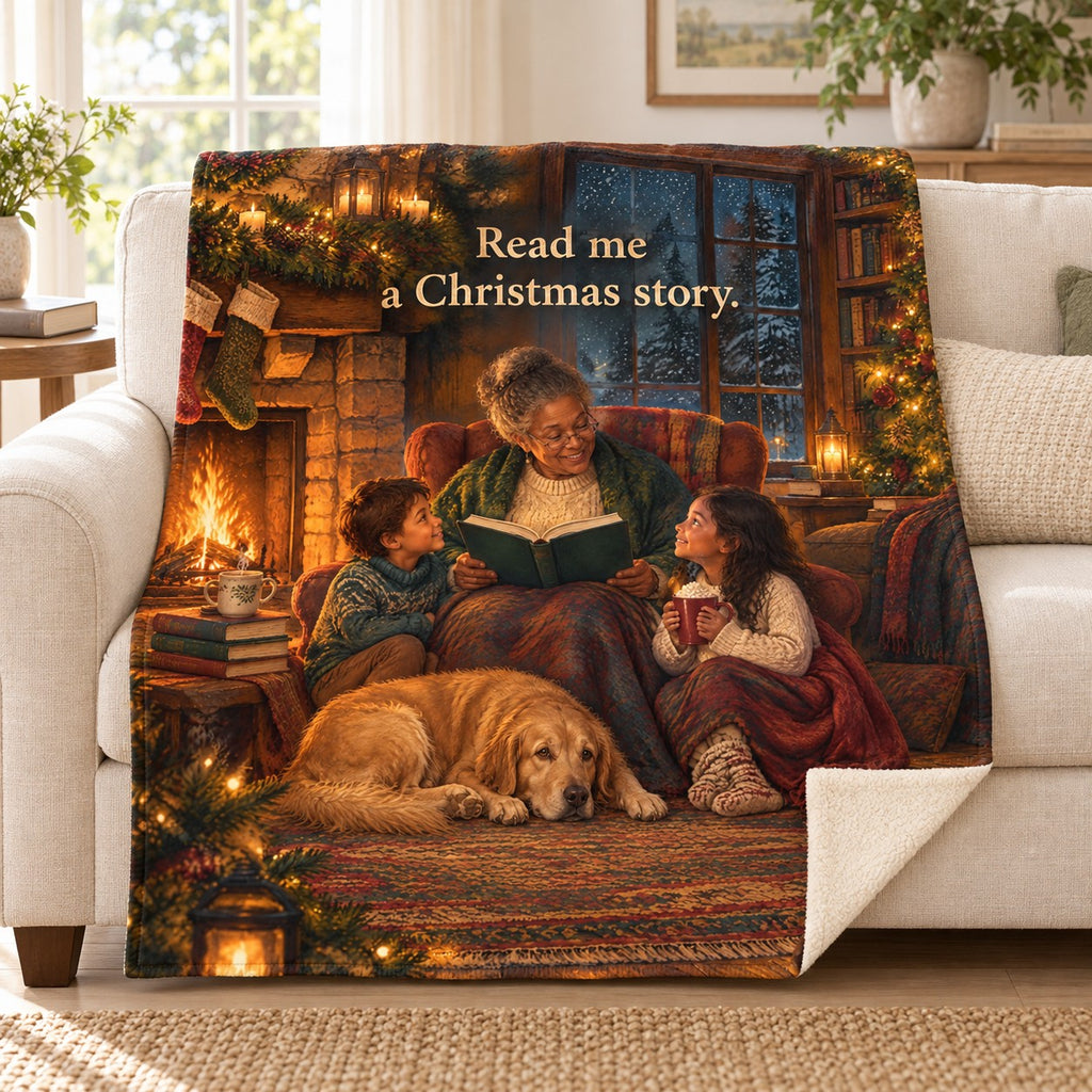 Read me a Christmas story. blanket, on a sofa