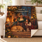 Read me a Christmas story. blanket, on a sofa