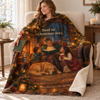 Read me a Christmas story. blanket, wrapped around a reader