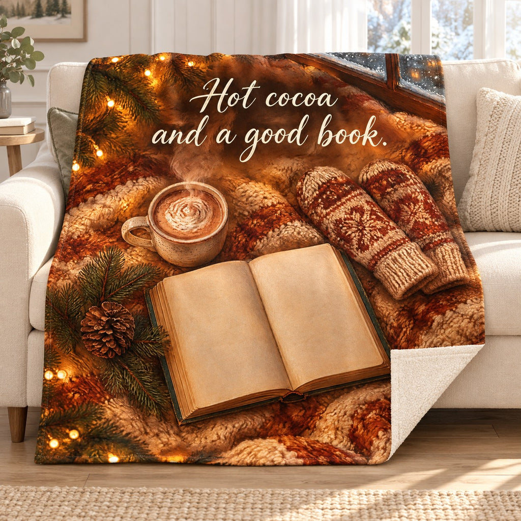 Hot cocoa and a good book. blanket, on a sofa