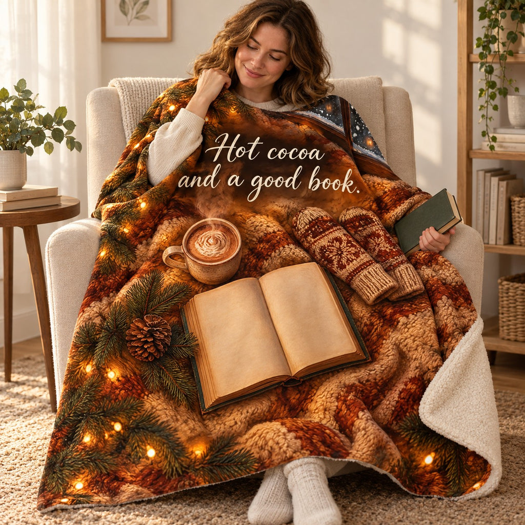 Hot cocoa and a good book. blanket, wrapped around a reader