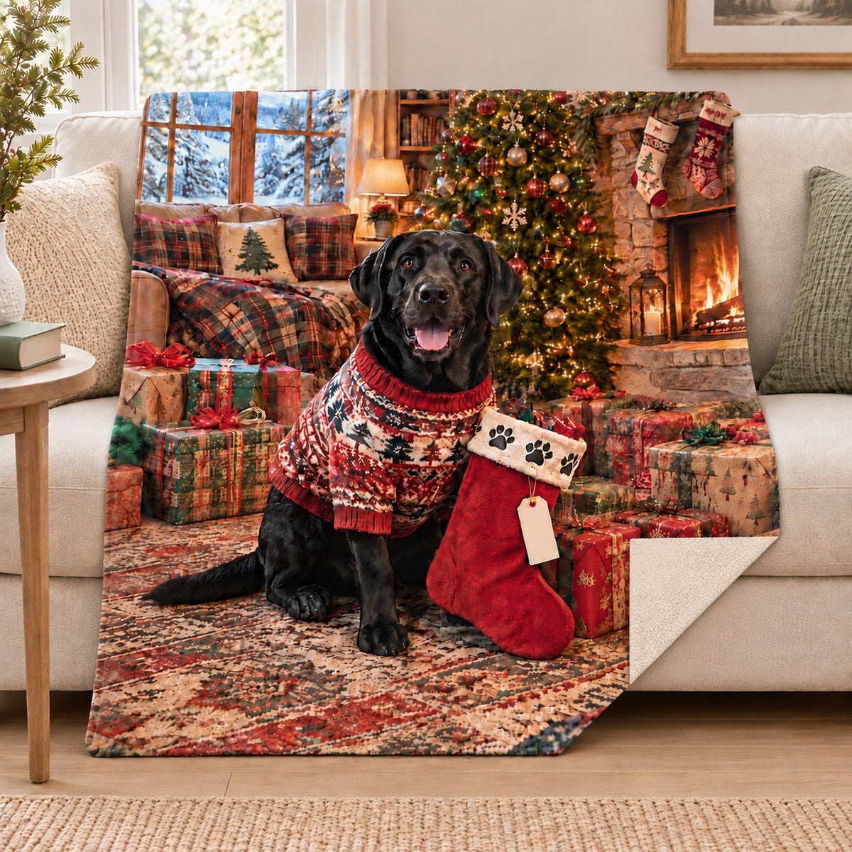Labrador Christmas blanket, on a sofa
