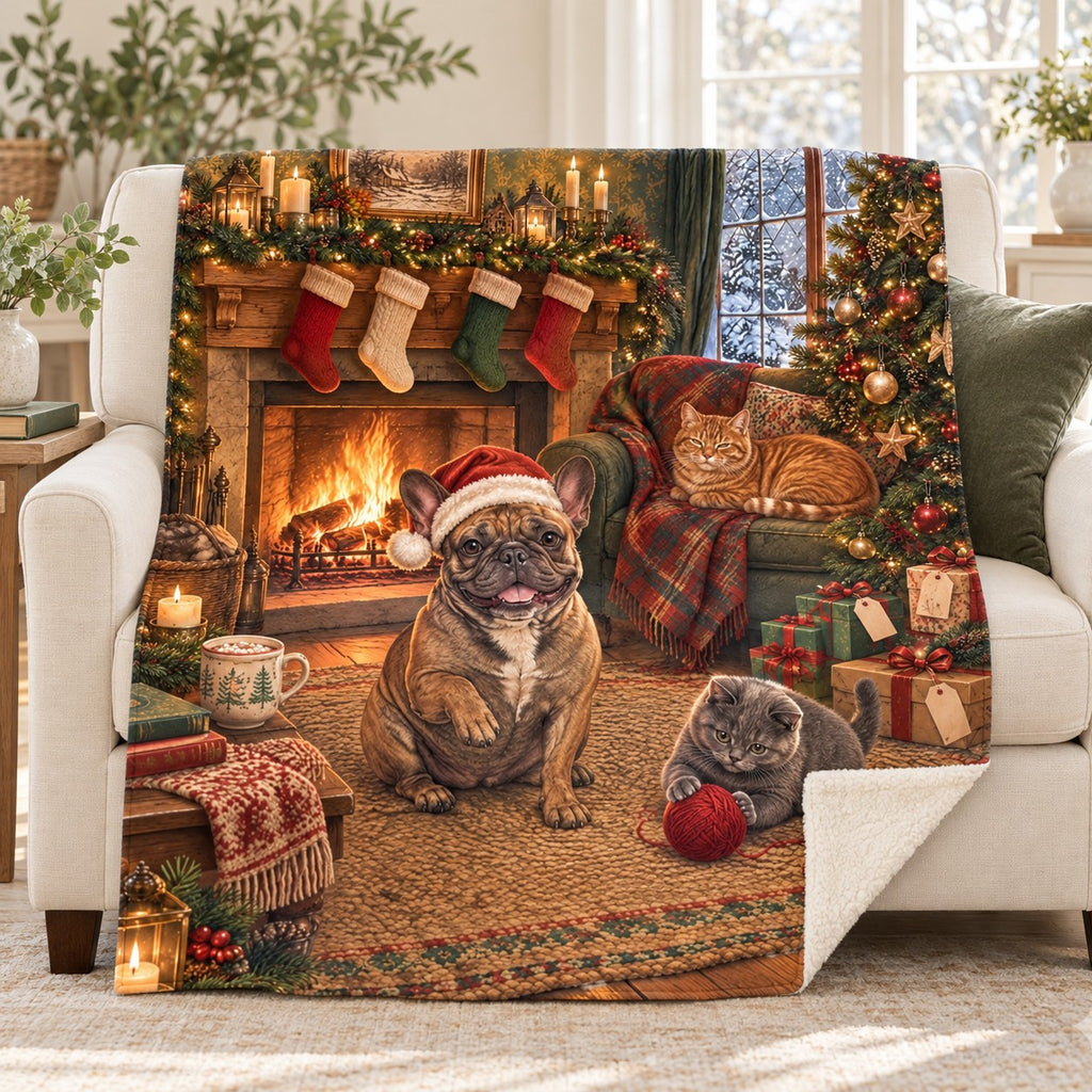 Frenchie Fireside blanket, on a sofa
