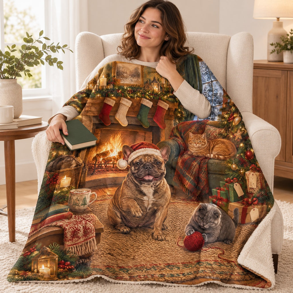 Frenchie Fireside blanket, wrapped around a reader