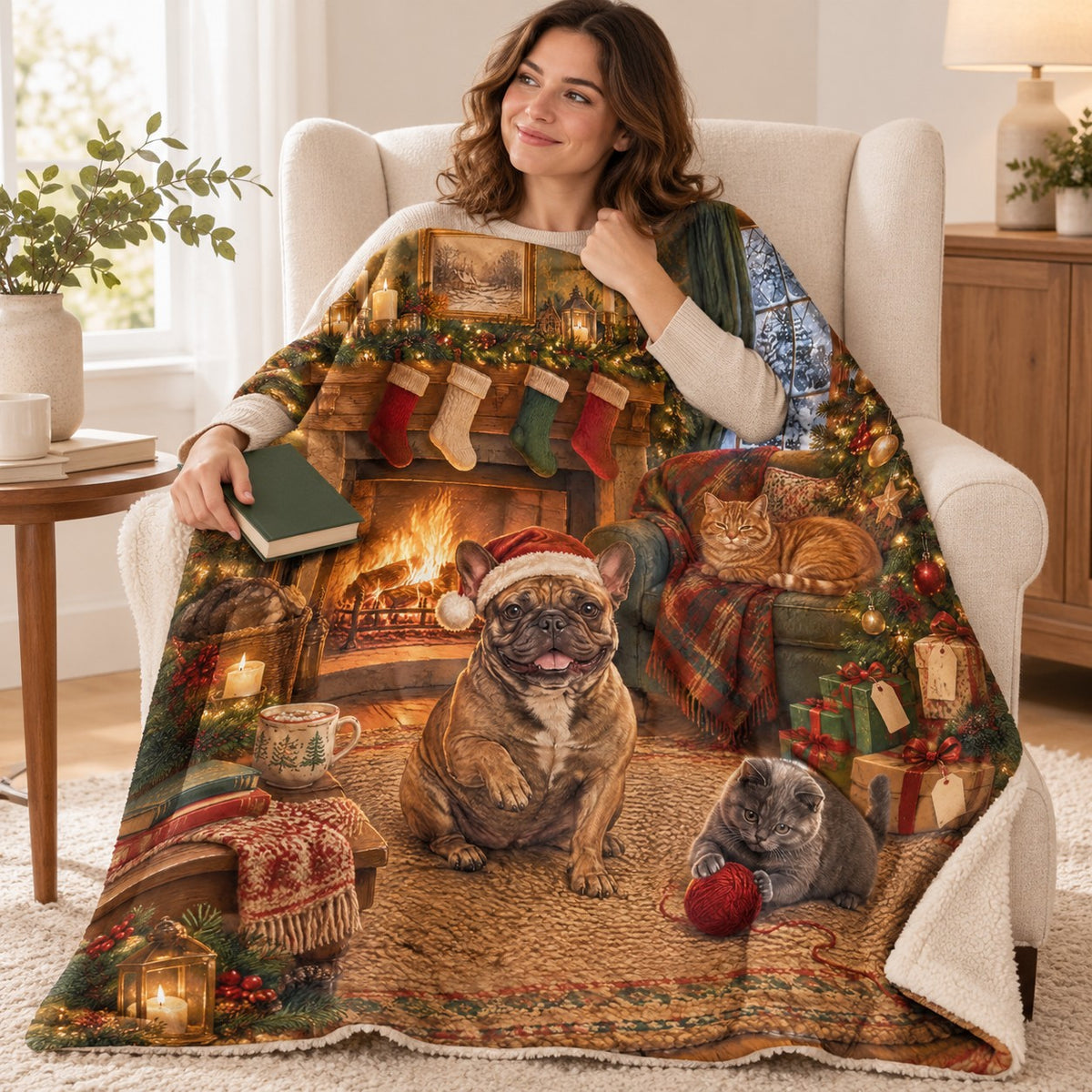 Frenchie Fireside blanket, wrapped around a reader