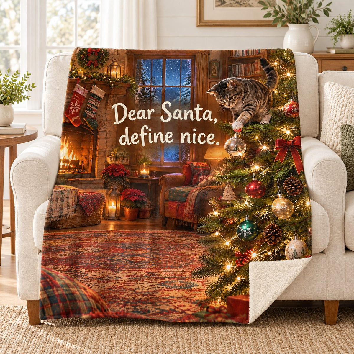 Dear Santa, define nice. blanket, on a sofa