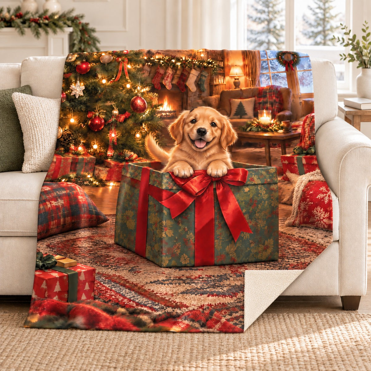 Golden Gift blanket, on a sofa