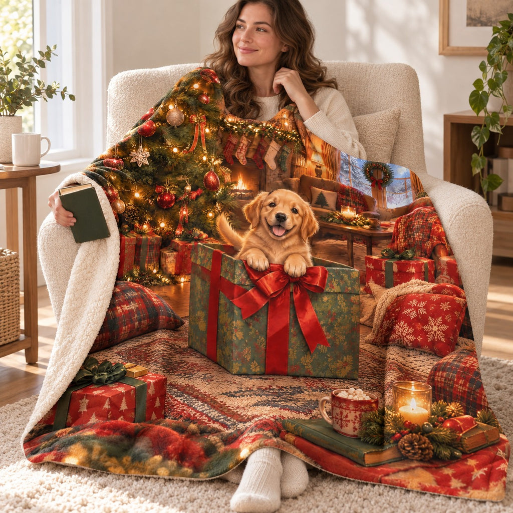 Golden Gift blanket, wrapped around a reader