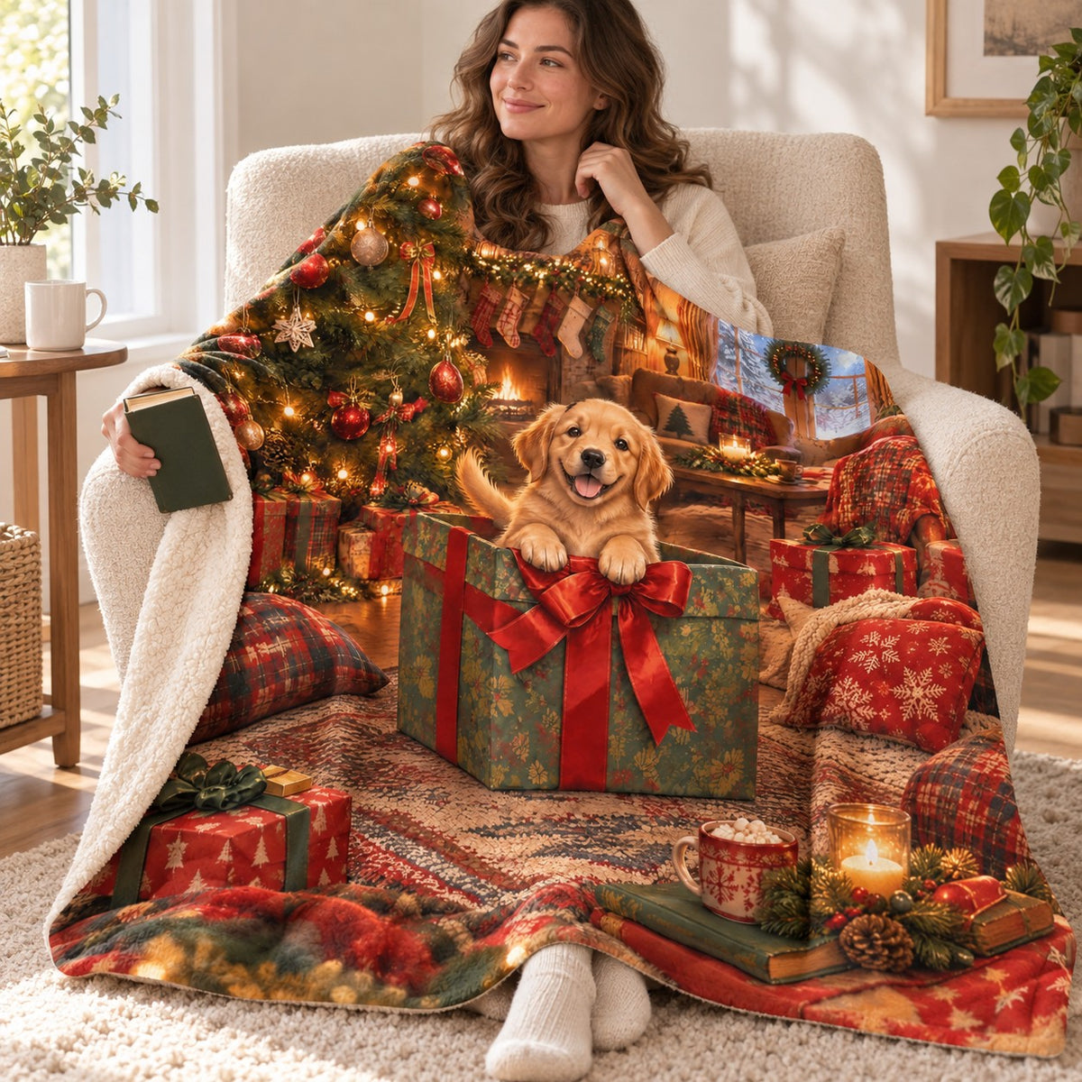 Golden Gift blanket, wrapped around a reader