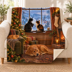 Snow Watching Cats blanket, on a sofa