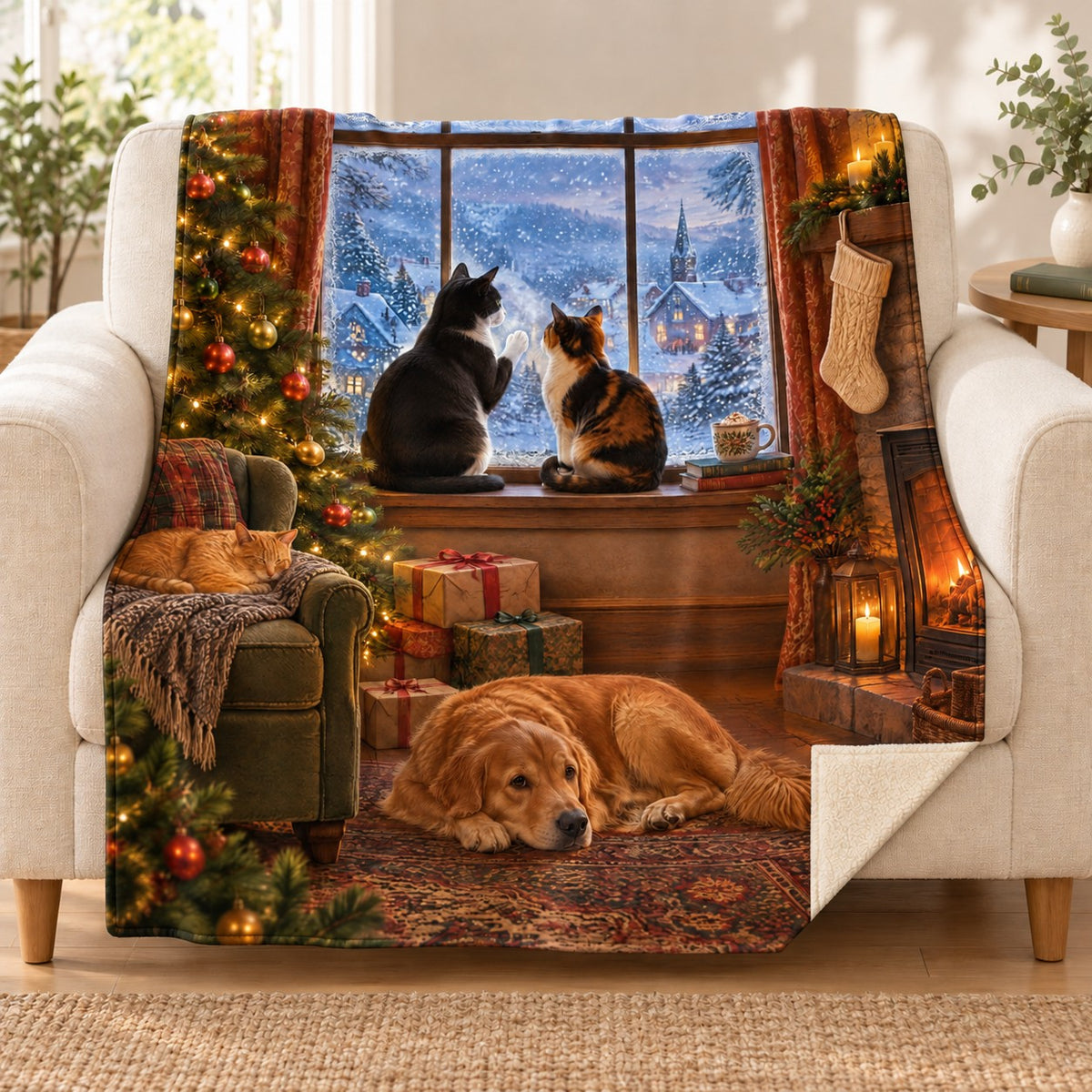 Snow Watching Cats blanket, on a sofa