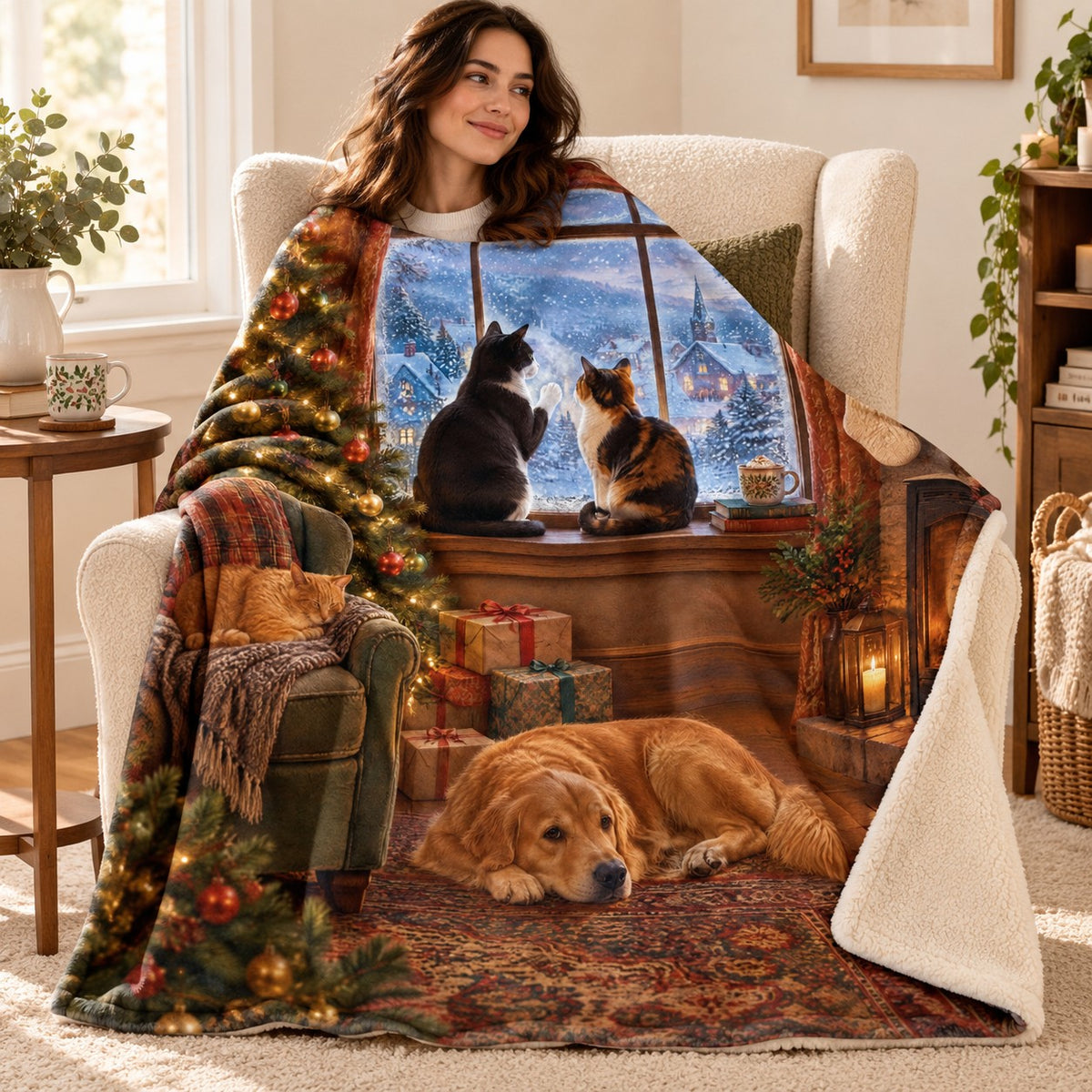 Snow Watching Cats blanket, wrapped around a reader