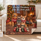 Merry Christmas from the whole pack. blanket, on a sofa