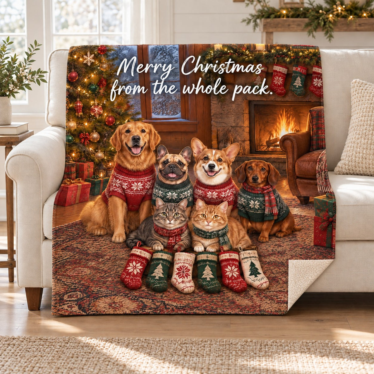 Merry Christmas from the whole pack. blanket, on a sofa