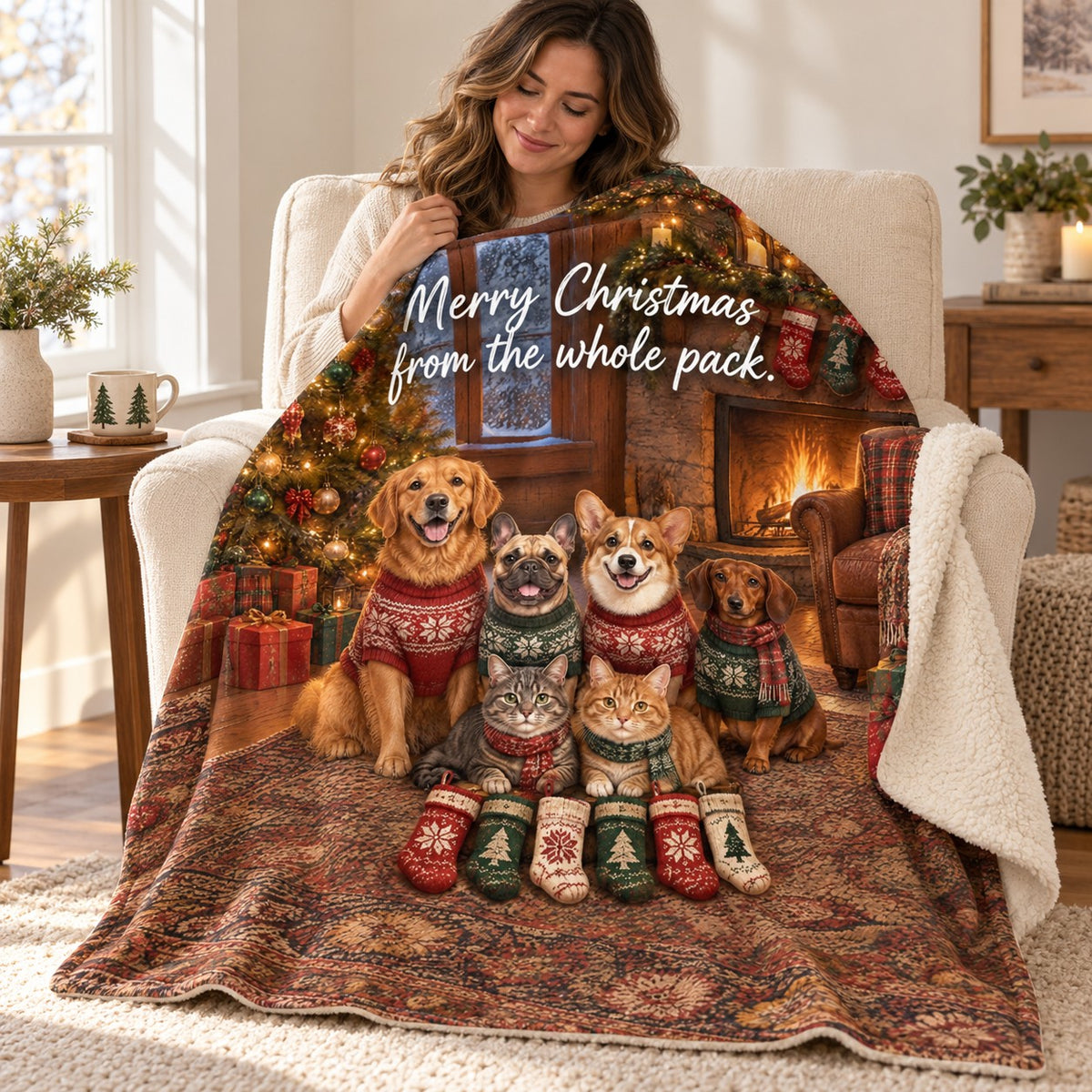 Merry Christmas from the whole pack. blanket, wrapped around a reader